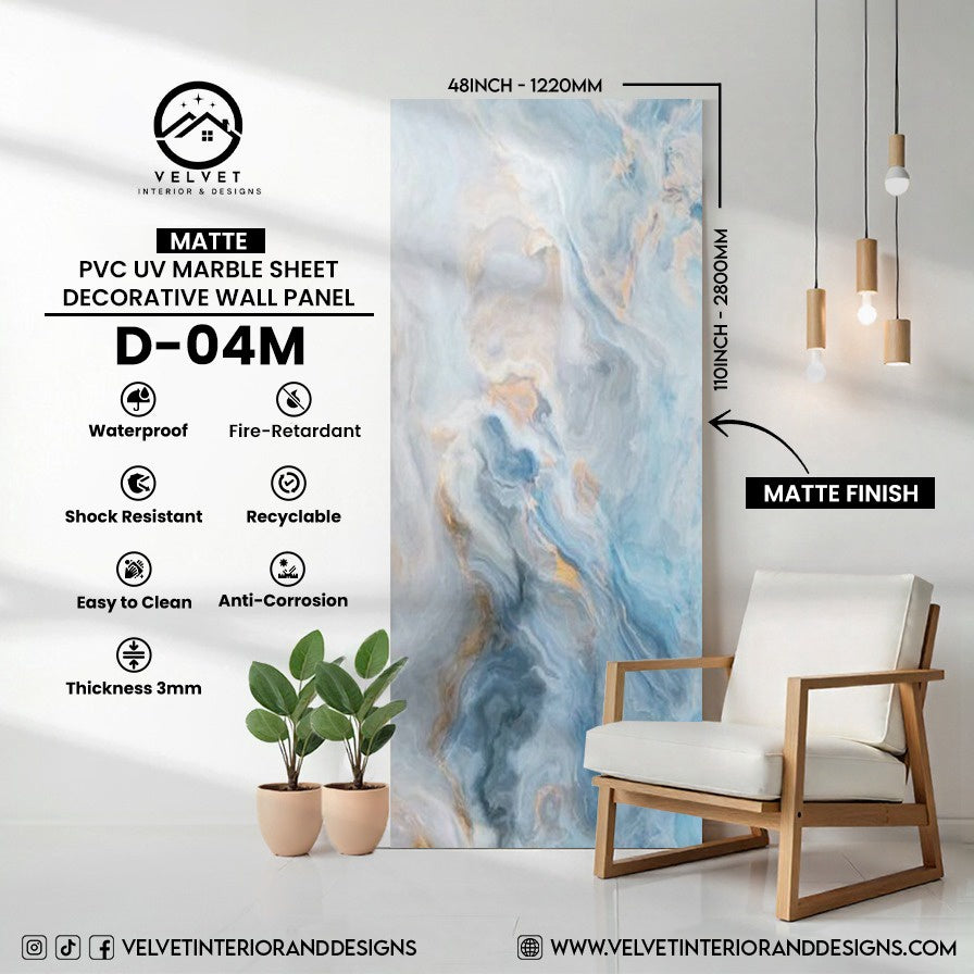 D-04M | Matte | PVC UV Marble Sheet | Decorative Wall Panel | 1/8 in x 48 in x 110 in | Matte Finish | Waterproof & Fire-Retardant | Ideal for Living Rooms, Bathrooms & Feature Walls