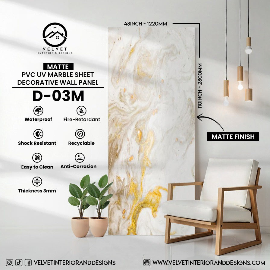 D-03M | Matte | PVC UV Marble Sheet | Decorative Wall Panel | 1/8 in x 48 in x 110 in | Matte Finish | Waterproof & Fire-Retardant | Ideal for Living Rooms, Bathrooms & Feature Walls
