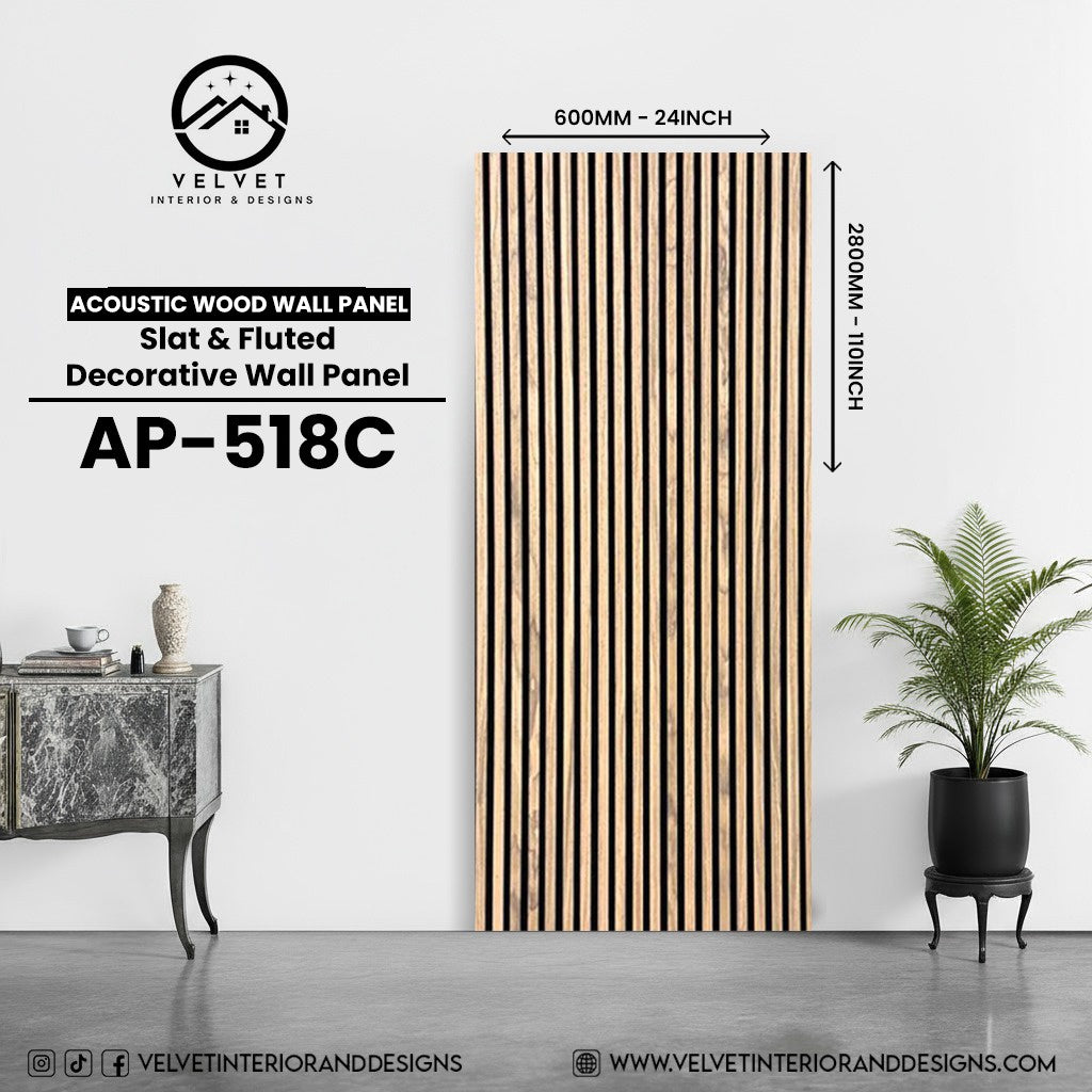 AP-518C | Acoustic Wood Wall Panel | Slat & Fluted Decorative Wall Panel | 0.85 in x 24 in x 110 in | Sound-Absorbing | Ideal for Living Rooms, Bedrooms, TV Walls & Feature Walls