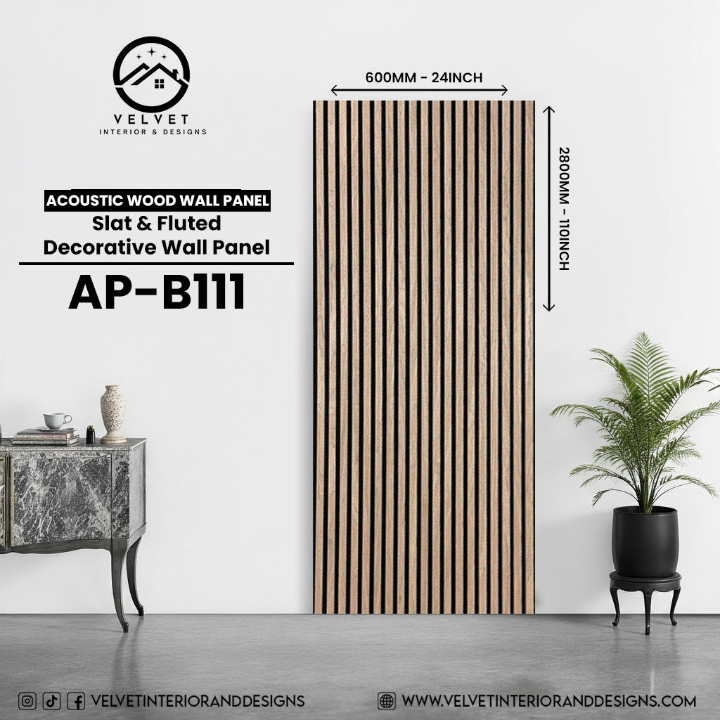 AP-B111 | Acoustic Wood Wall Panel | Slat & Fluted Decorative Wall Panel | 0.85 in x 24 in x 110 in | Sound-Absorbing | Ideal for Living Rooms, Bedrooms, TV Walls & Feature Walls