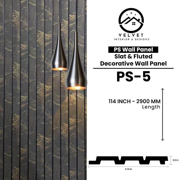 PS-05 | PS Wall Panel | Slat & Fluted Decorative Wall Panel | 0.5 in x 4.75 in x 114 in | Waterproof | Fire-Retardant | Ideal for Living Rooms, Bedrooms, Bathrooms, TV Walls & Feature Walls