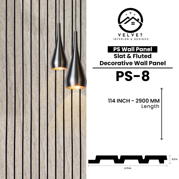 PS-08 | PS Wall Panel | Slat & Fluted Decorative Wall Panel | 0.5 in x 4.75 in x 114 in | Waterproof | Fire-Retardant | Ideal for Living Rooms, Bedrooms, Bathrooms, TV Walls & Feature Walls