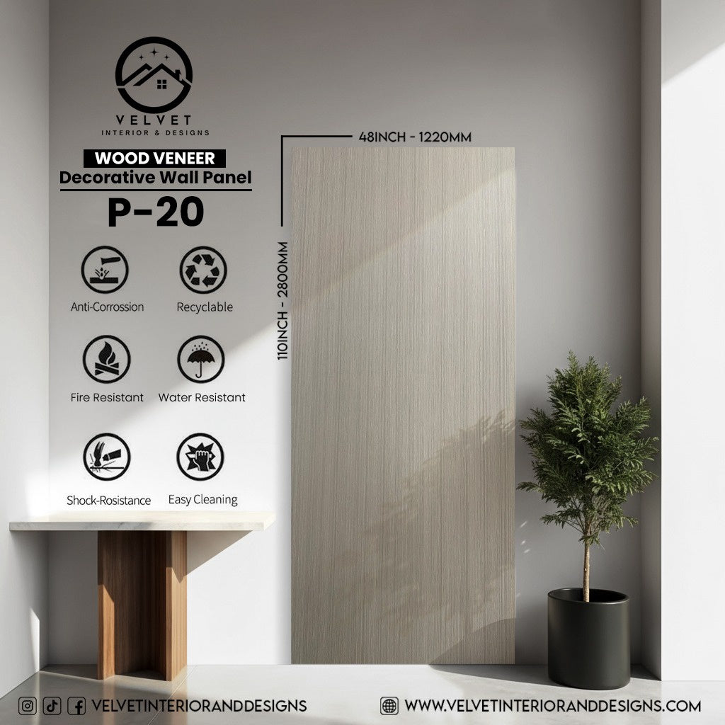 P-20 | Wood Veneer |  Decorative Wall Panel | 5/16 in x 48 in x 110 in | natural wood finish | Waterproof, Scratch-Resistant & Fire-Retardant | Ideal for Living Rooms, Bathrooms & Feature Walls