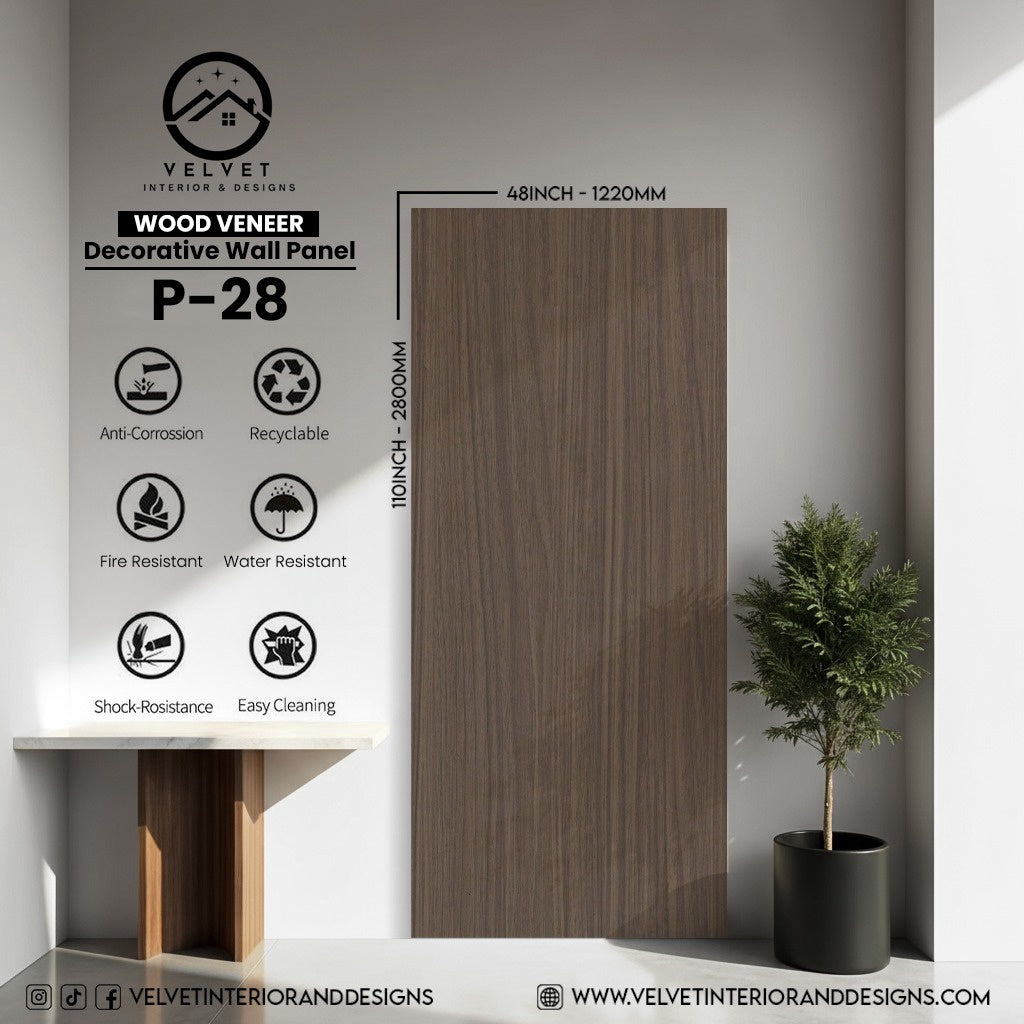 P-28 | Wood Veneer |  Decorative Wall Panel | 5/16 in x 48 in x 110 in | natural wood finish | Waterproof, Scratch-Resistant & Fire-Retardant | Ideal for Living Rooms, Bathrooms & Feature Walls