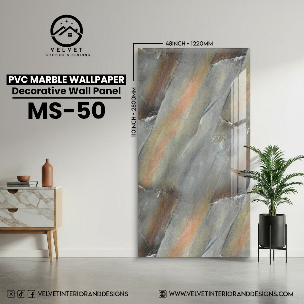 MS-50 | PVC Marble Wallpaper| Decorative Wall Panel | 1/8 in x 48 in x 110 in | Waterproof, Scratch-Resistant | Ideal for Living Rooms & Feature Walls
