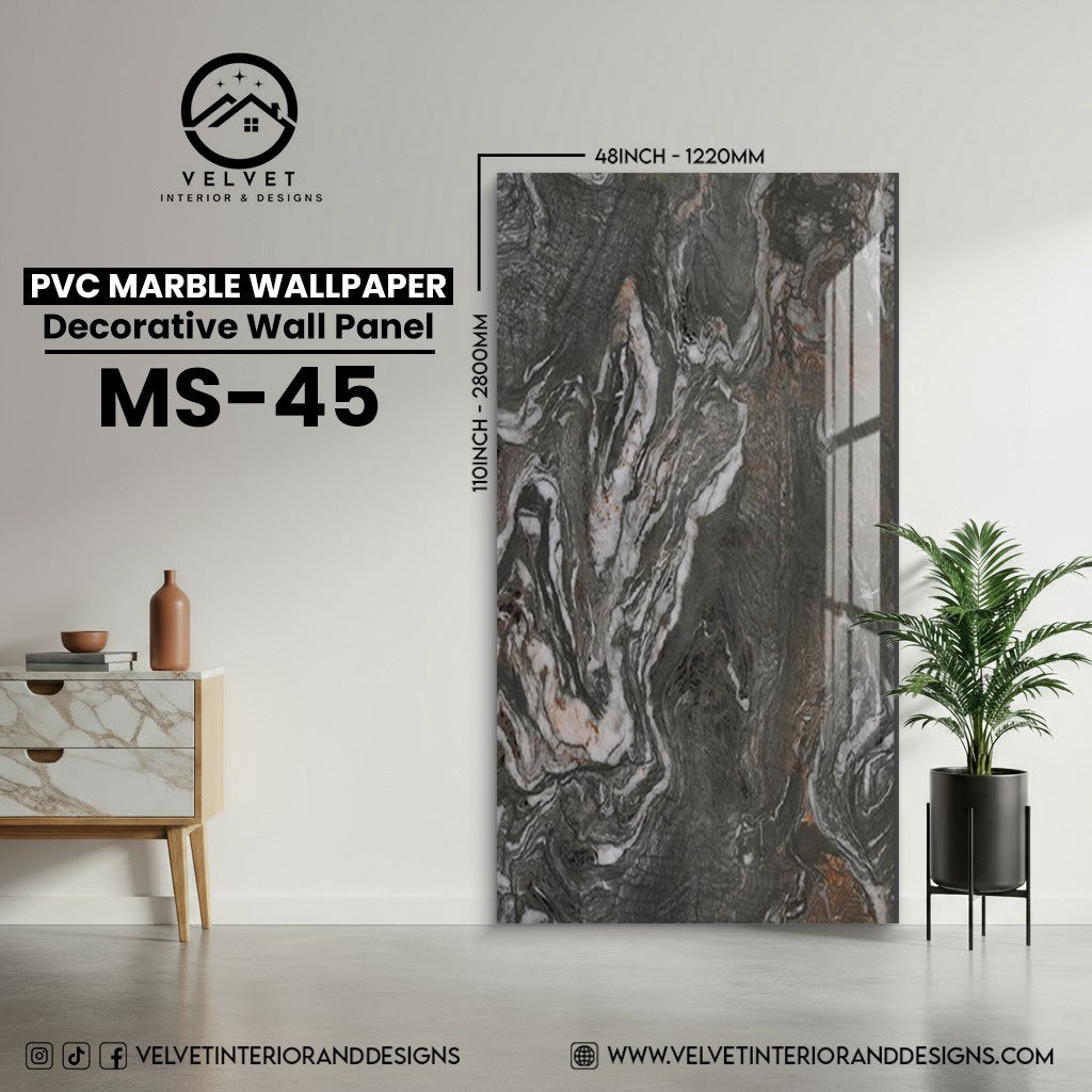 MS-45 | PVC Marble Wallpaper| Decorative Wall Panel | 1/8 in x 48 in x 110 in | Waterproof, Scratch-Resistant | Ideal for Living Rooms & Feature Walls