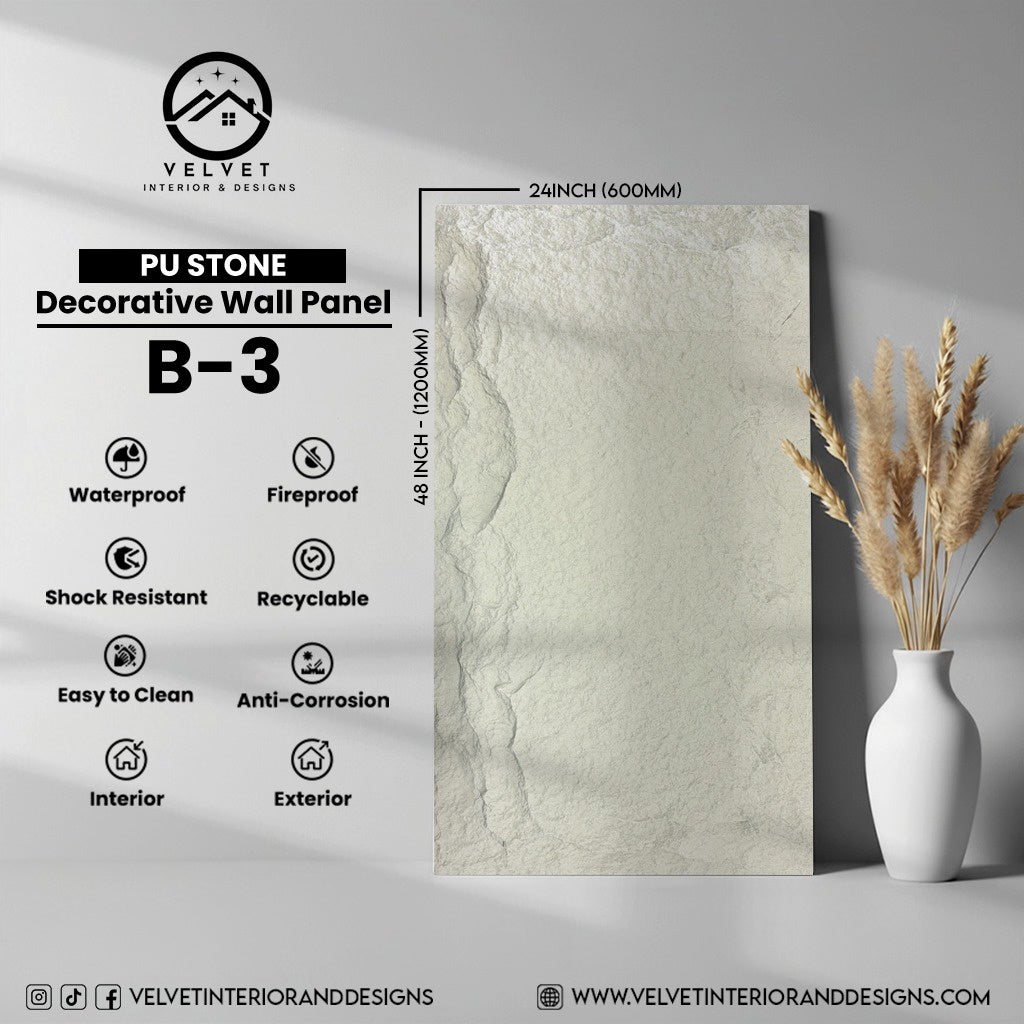 B-3 | PU Stone | Stone | Decorative Wall Panel | 2 in x 24 in x 48 in |Stone Finish | Waterproof, Scratch-Resistant & Fireproof | Ideal for Living Rooms, Bathrooms & Feature Walls