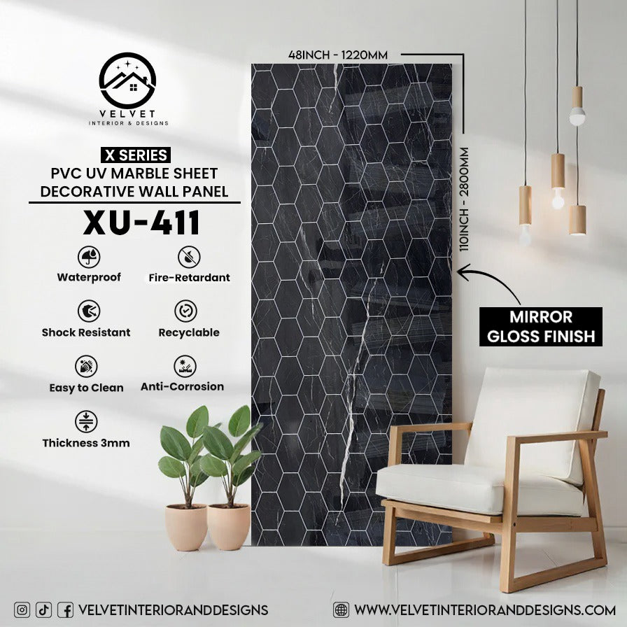 XU-411 | X Series | PVC UV Marble Sheet | Decorative Wall Panel | 1/8 in x 48 in x 110 in | Mirror Gloss Finish | Waterproof & Fire-Retardant | Ideal for Living Rooms, Bathrooms & Feature Walls