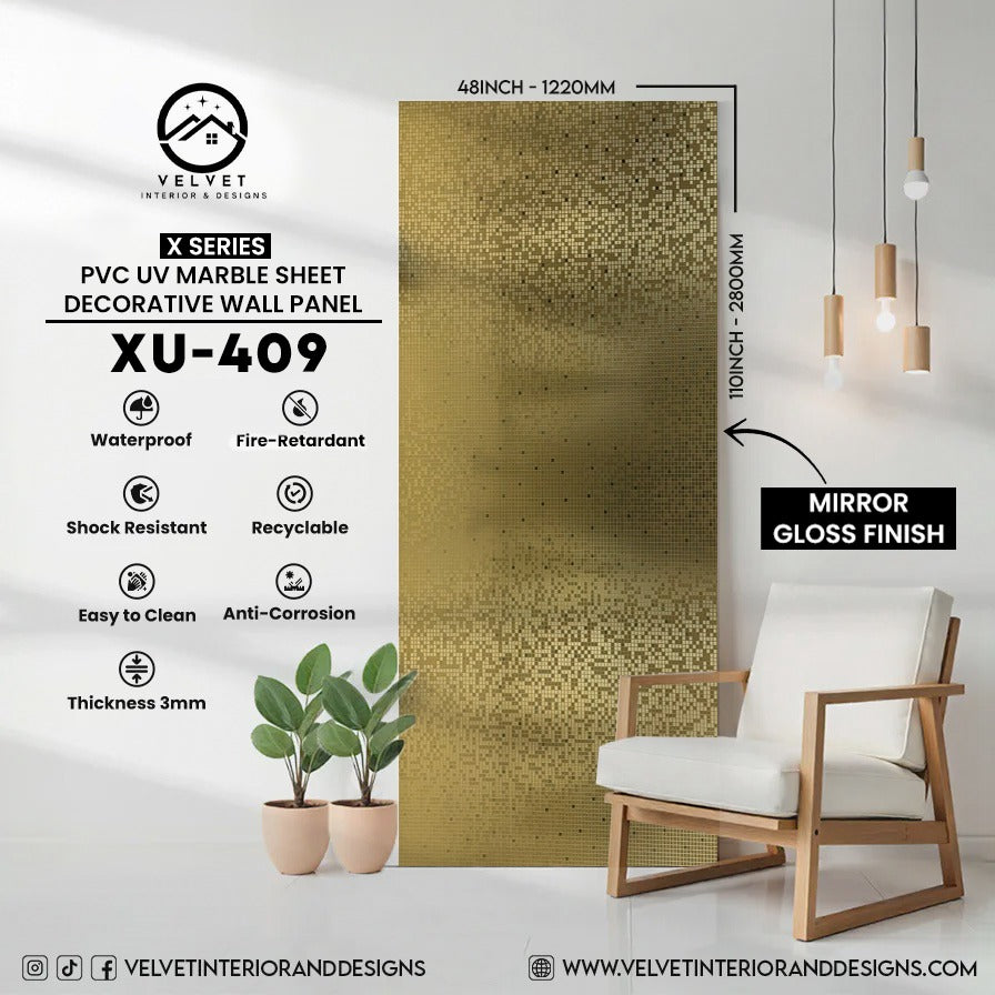 XU-409 | X Series | PVC UV Marble Sheet | Decorative Wall Panel | 1/8 in x 48 in x 110 in | Mirror Gloss Finish | Waterproof & Fire-Retardant | Ideal for Living Rooms, Bathrooms & Feature Walls