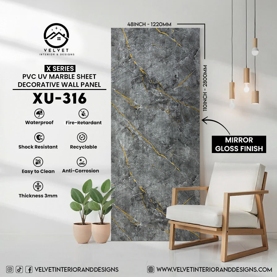 XU-316 | X Series | PVC UV Marble Sheet | Decorative Wall Panel | 1/8 in x 48 in x 110 in | Mirror Gloss Finish | Waterproof & Fire-Retardant | Ideal for Living Rooms, Bathrooms & Feature Walls