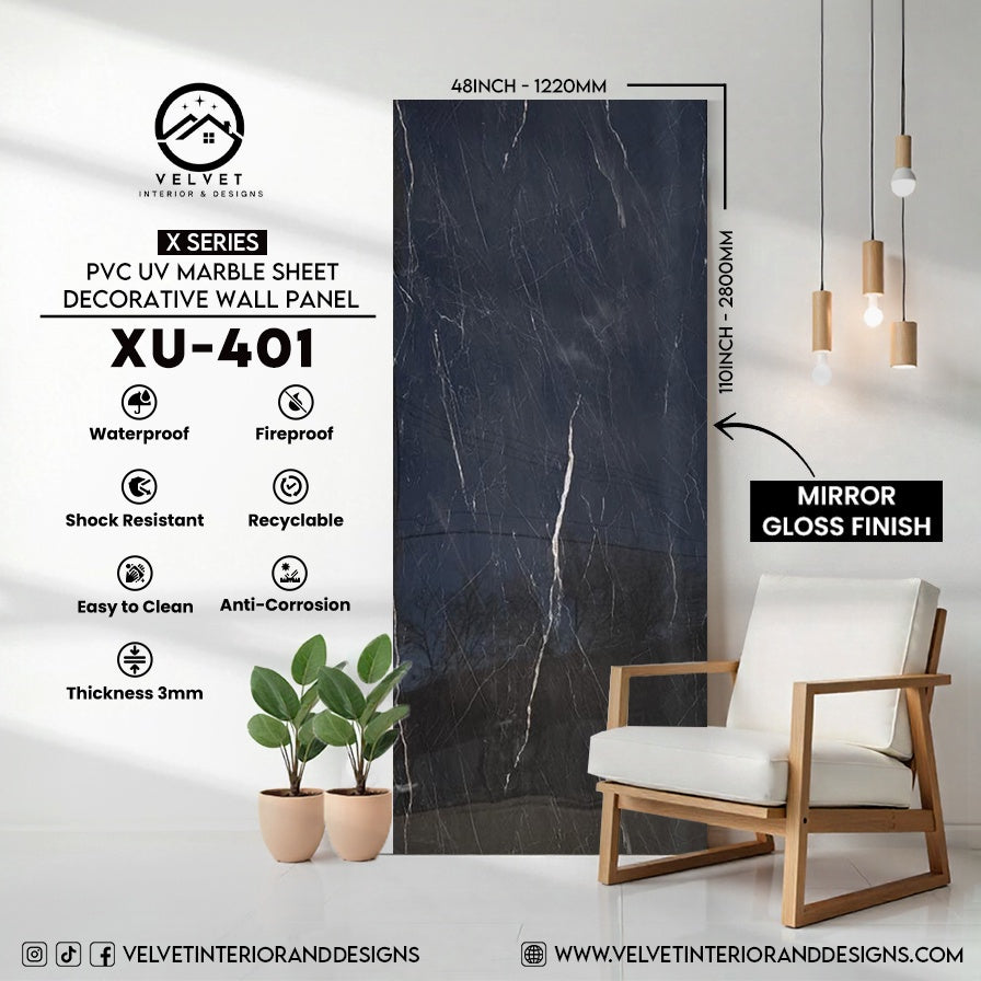 XU-401 | X Series | PVC UV Marble Sheet | Decorative Wall Panel | 1/8 in x 48 in x 110 in | Mirror Gloss Finish | Waterproof & Fire-Retardant | Ideal for Living Rooms, Bathrooms & Feature Walls