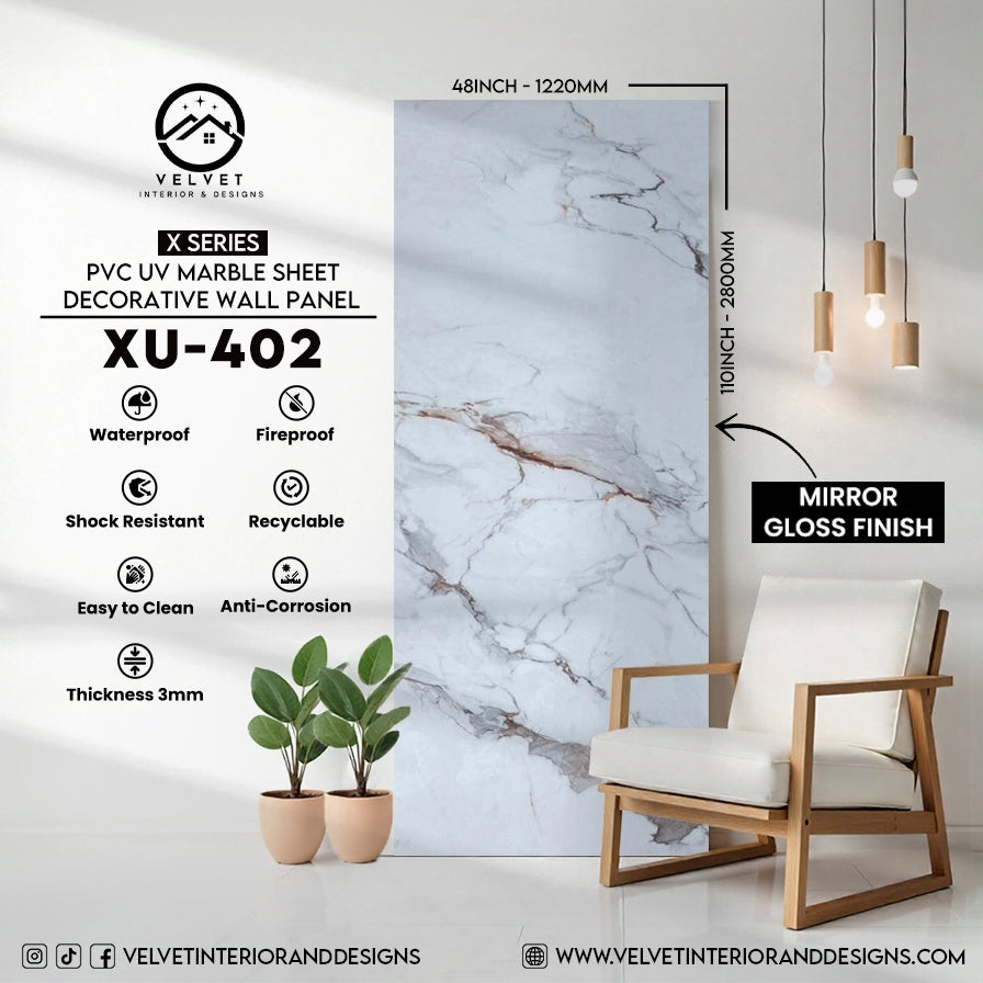 XU-402 | X Series | PVC UV Marble Sheet | Decorative Wall Panel | 1/8 in x 48 in x 110 in | Mirror Gloss Finish | Waterproof & Fire-Retardant | Ideal for Living Rooms, Bathrooms & Feature Walls