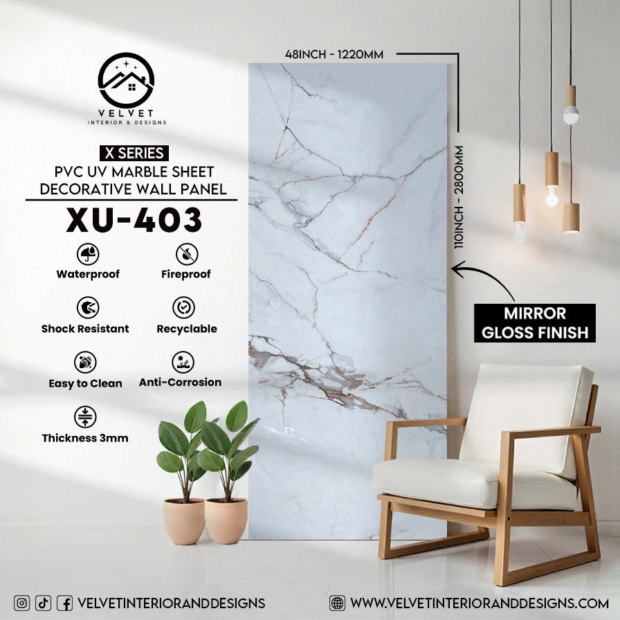 XU-403 | X Series | PVC UV Marble Sheet | Decorative Wall Panel | 1/8 in x 48 in x 110 in | Mirror Gloss Finish | Waterproof & Fire-Retardant | Ideal for Living Rooms, Bathrooms & Feature Walls