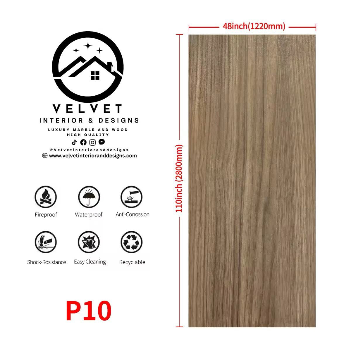 P-10 | Wood Veneer |  Decorative Wall Panel | 5/16 in x 48 in x 110 in | natural wood finish | Waterproof, Scratch-Resistant & Fire-Retardant | Ideal for Living Rooms, Bathrooms & Feature Walls